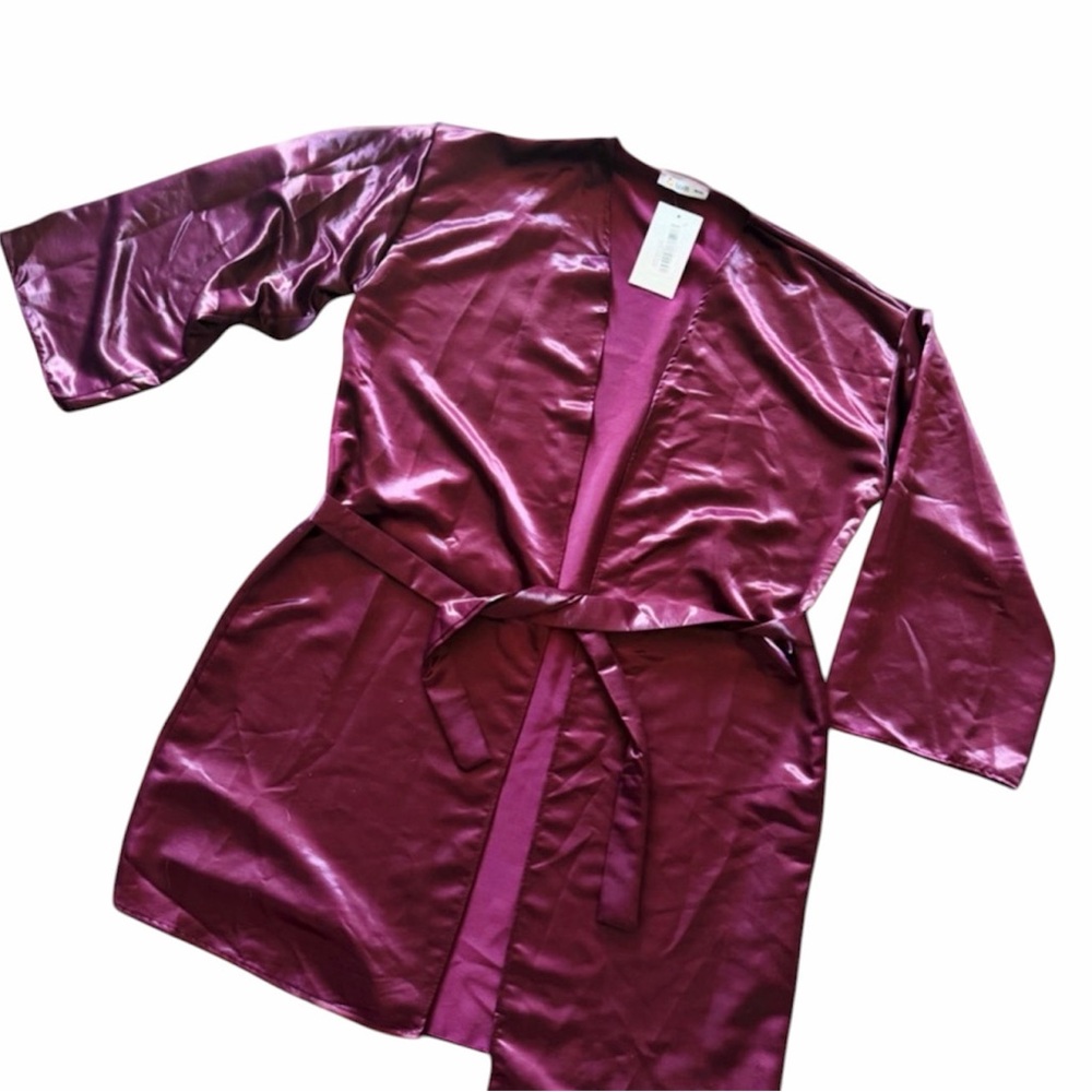 Tavin Burgundy Satin Kimono Robe Wrap Belted One Size Loungewear